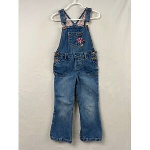 Genuine Kids OshKosh Denim Overalls Kids 3T Blue Excellent Floral Embroidery